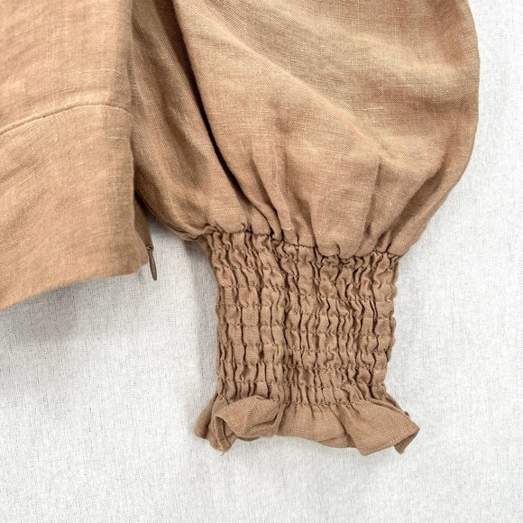 MAJORELLE Conway Top Shirt Womens XS Brown Linen Puff Sleeve Tie Front Crop - Picture 4 of 8